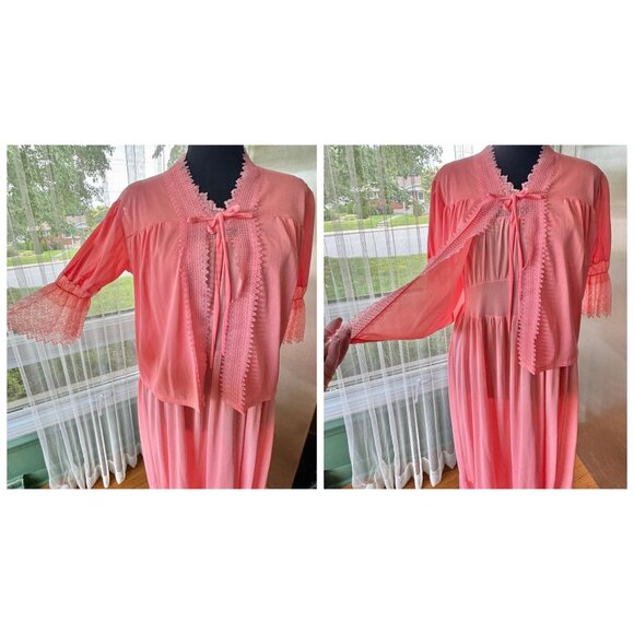 Vintage 1960s lingerie set, peach/coral pastel, negligee & peignoir, 2 pieces - Picture 4 of 10
